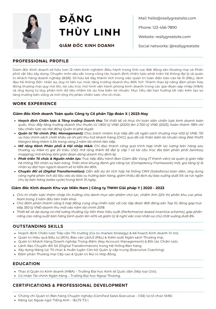 Mẫu CV giám đốc kinh doanh tiếng Việt