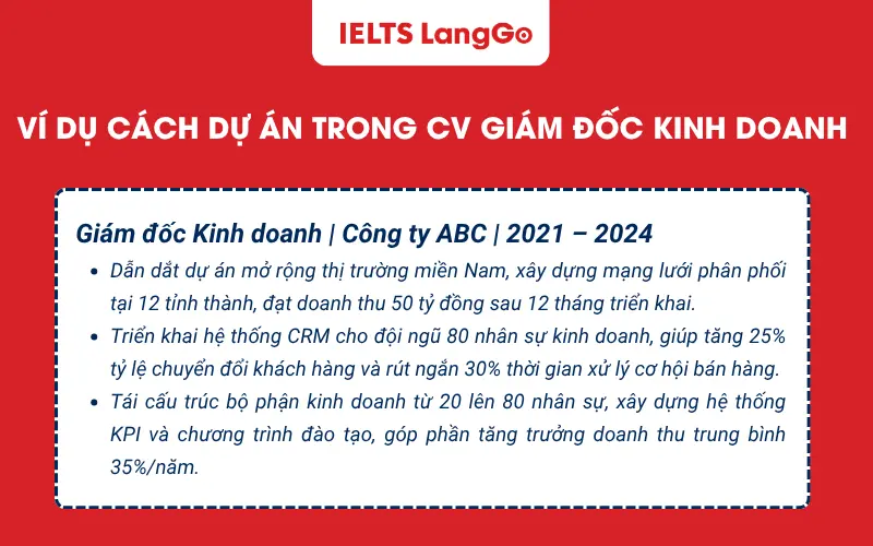 Ví dụ cách dự án trong cv giám đốc kinh doanh