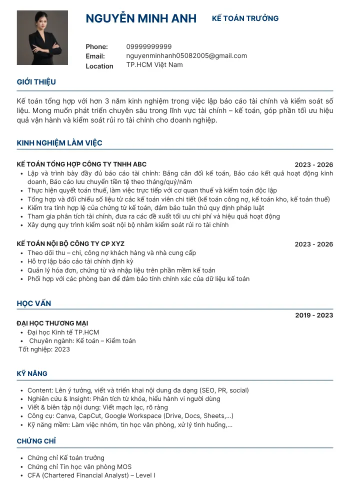 Mẫu CV Kế toán trưởng hiện đại, tối giản