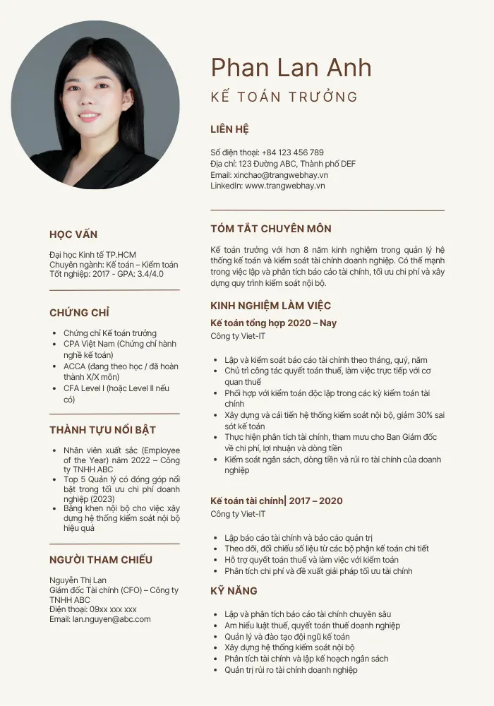Mẫu CV Kế toán trưởng cho ứng viên thăng tiến từ Kế toán tổng hợp