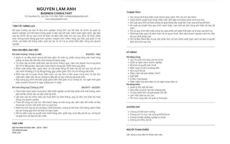 Mẫu CV Kế toán trưởng 2 trang chuẩn ATS