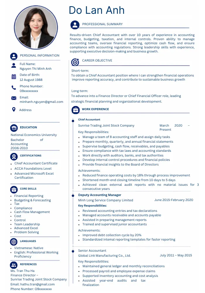 Mẫu CV Kế toán trưởng bằng tiếng Anh