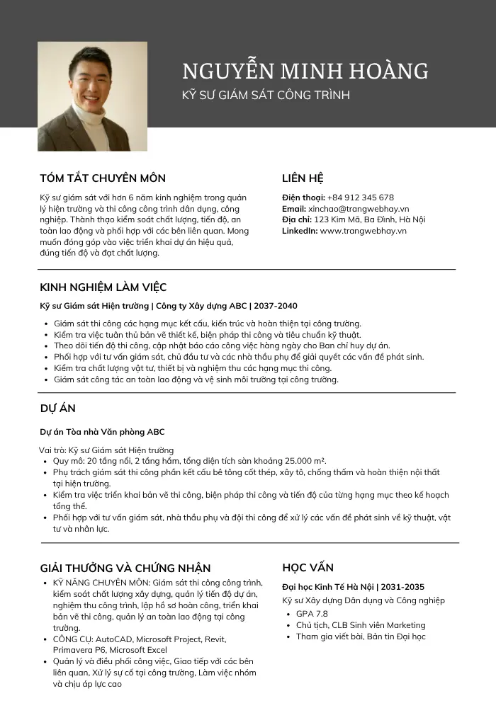 Mẫu CV Kỹ sư Giám sát công trình / Hiện trường