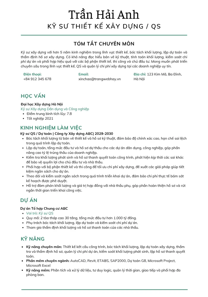 Mẫu CV Kỹ sư Thiết kế / QS / Thẩm định