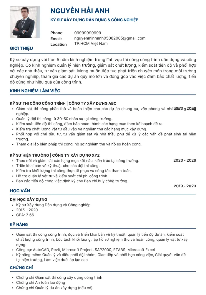 Mẫu CV xin việc Kỹ sư xây dựng dân dụng & công nghiệp