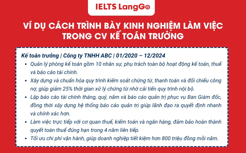 Ví dụ cách trình bày kinh nghiệm làm việc trong CV kế toán trưởng