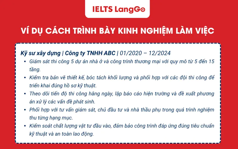 Ví dụ cách trình bày kinh nghiệm làm việc trong CV