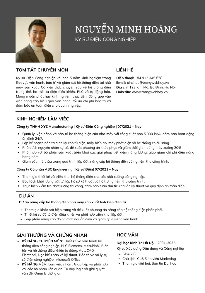 Mẫu CV kỹ sư điện công nghiệp có kinh nghiệm