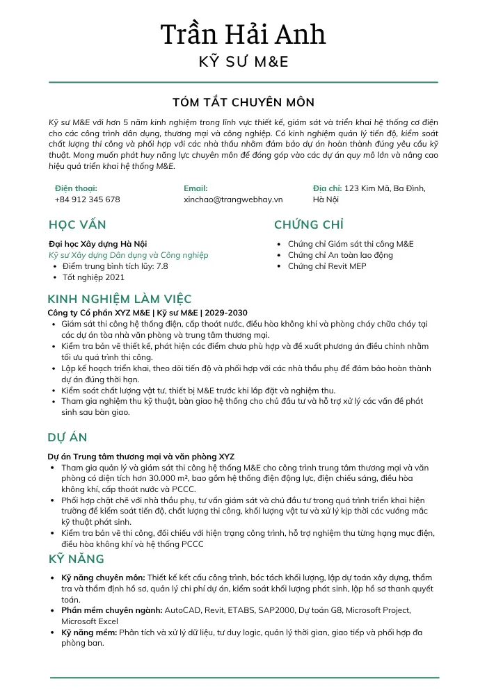 Mẫu CV kỹ sư M&E