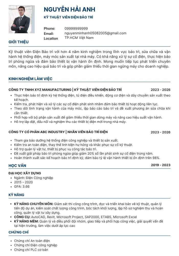 Mẫu CV kỹ thuật viên điện bảo trì