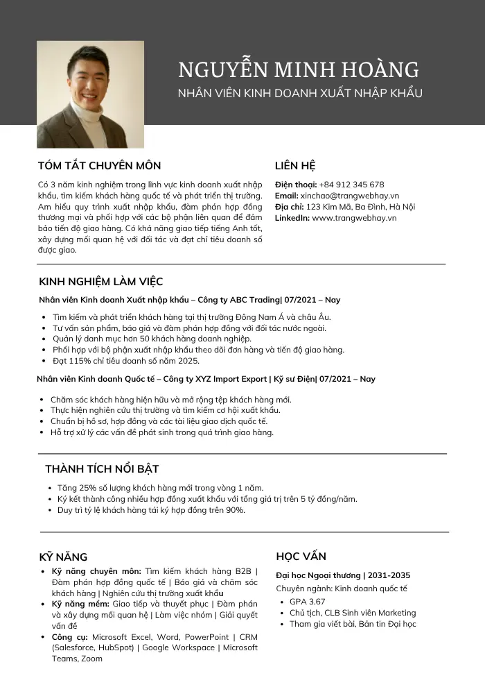 Mẫu CV nhân viên kinh doanh xuất nhập khẩu