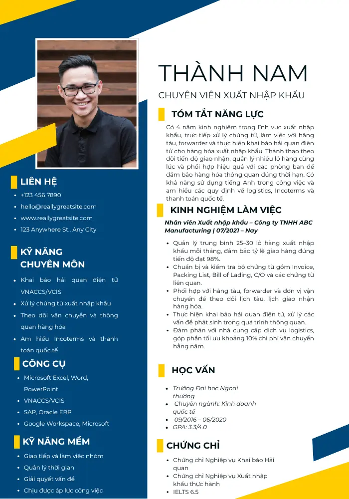 Mẫu CV nhân viên xuất nhập khẩu có kinh nghiệm
