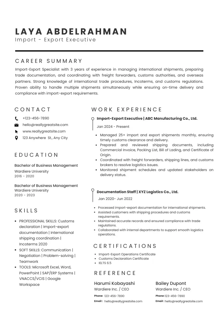 Mẫu CV xuất nhập khẩu bằng tiếng Anh
