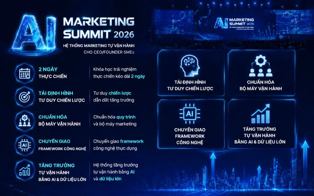AI Marketing Summit 2026 – sự kiện 2 ngày giúp doanh nghiệp ứng dụng AI để tự động hóa marketing và tăng trưởng.