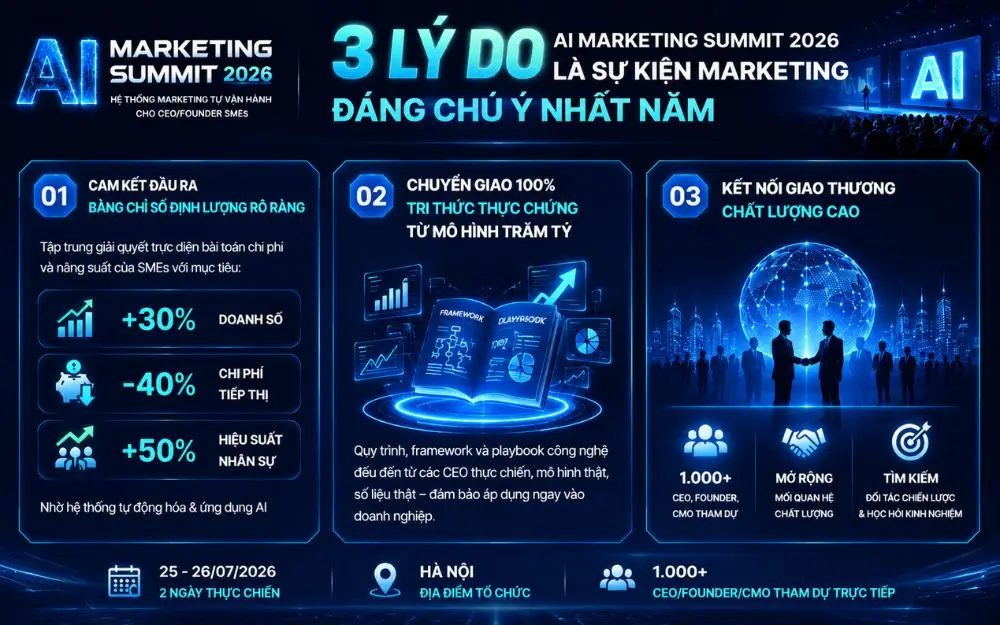 AI Marketing Summit 2026 với 3 lý do giúp doanh nghiệp tăng trưởng bằng AI và dữ liệu.