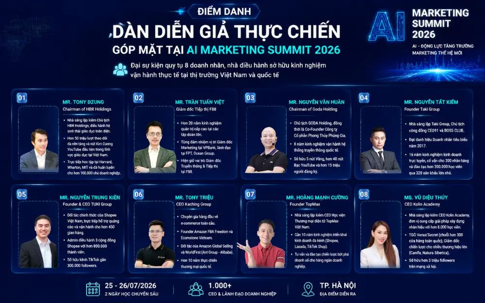 Dàn 8 diễn giả thực chiến góp mặt tại AI Marketing Summit 2026