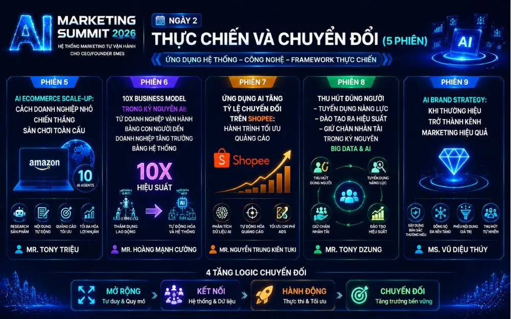 Ngày 2 AI Marketing Summit 2026: thực chiến AI, ecommerce và chuyển đổi doanh nghiệp.