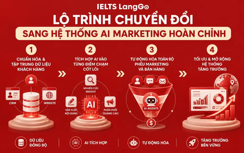 Lộ trình 4 giai đoạn chuyển đổi sang hệ thống AI Marketing tối ưu hóa dữ liệu, tự động hóa và tăng trưởng bền vững.