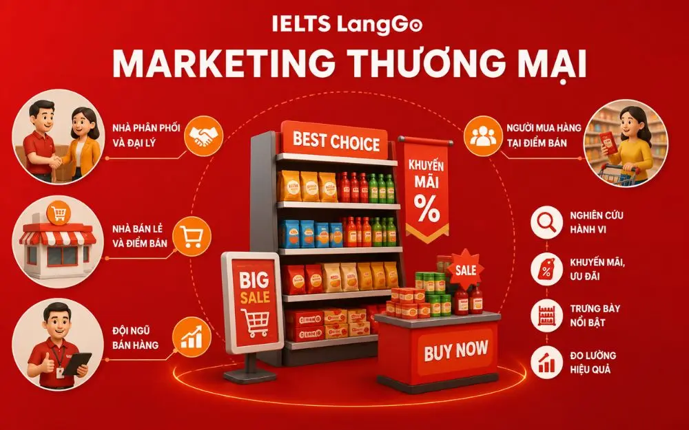 Marketing thương mại kết nối phân phối, điểm bán và hành vi mua hàng.