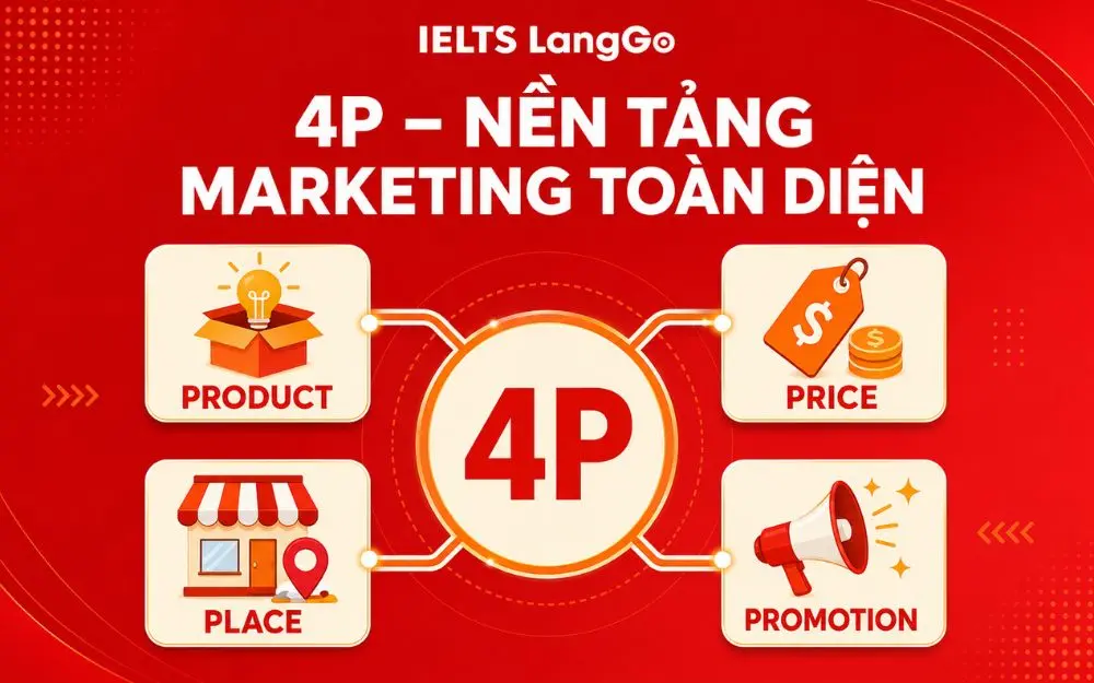Mô hình 4P kết nối sản phẩm, giá, phân phối và truyền thông đồng bộ.