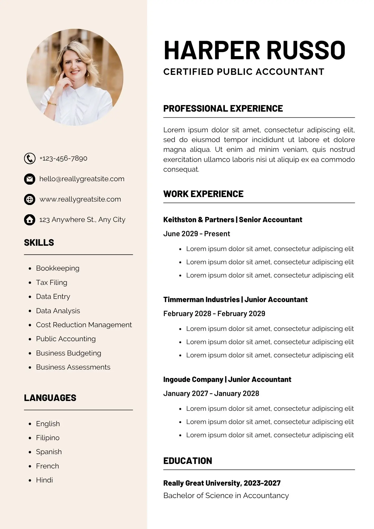 Mẫu CV kế toán nội bộ bằng tiếng Anh