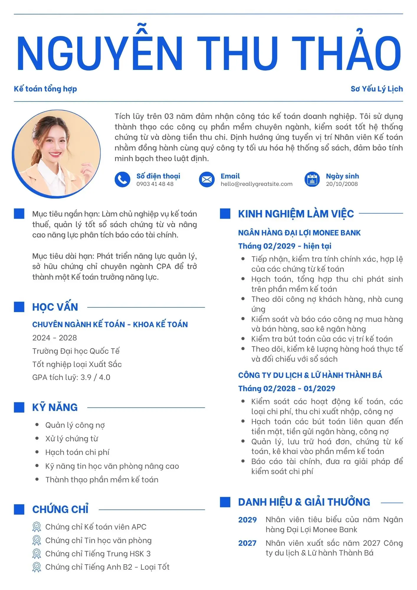 Mẫu CV kế toán tổng hợp mới ra trường