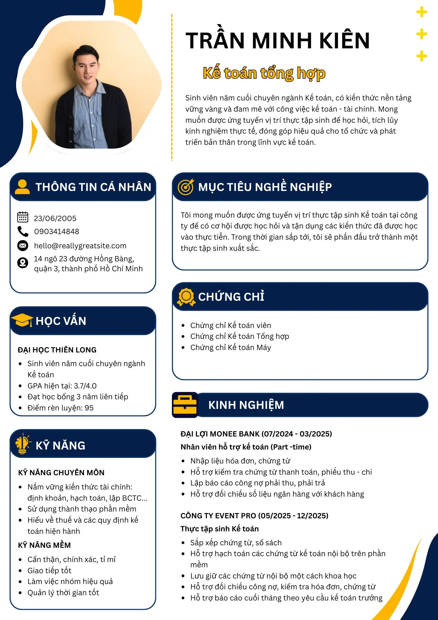 Mẫu CV kế toán tổng hợp chưa có kinh nghiệm