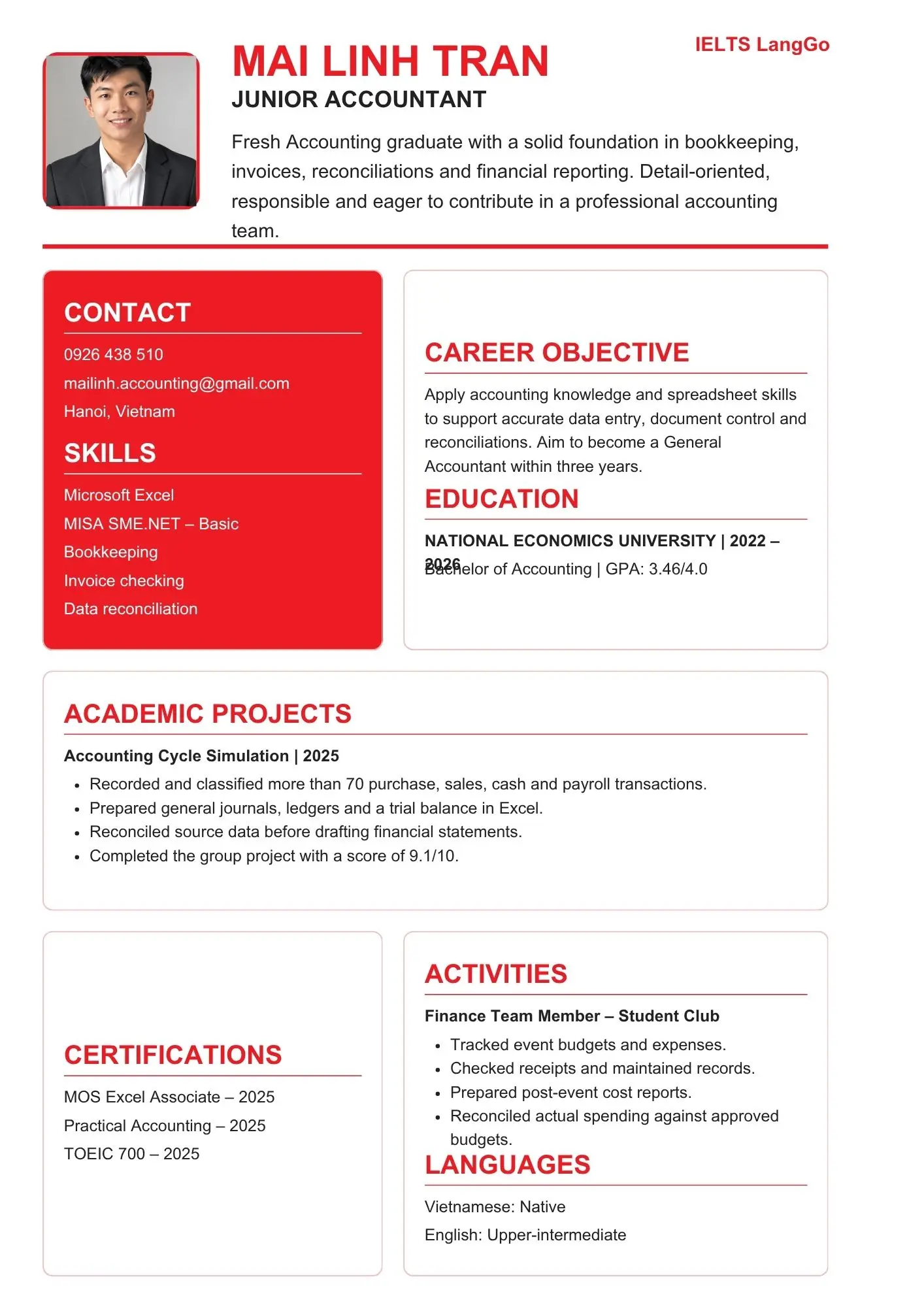 Mẫu CV kế toán mới ra trường bằng tiếng Anh