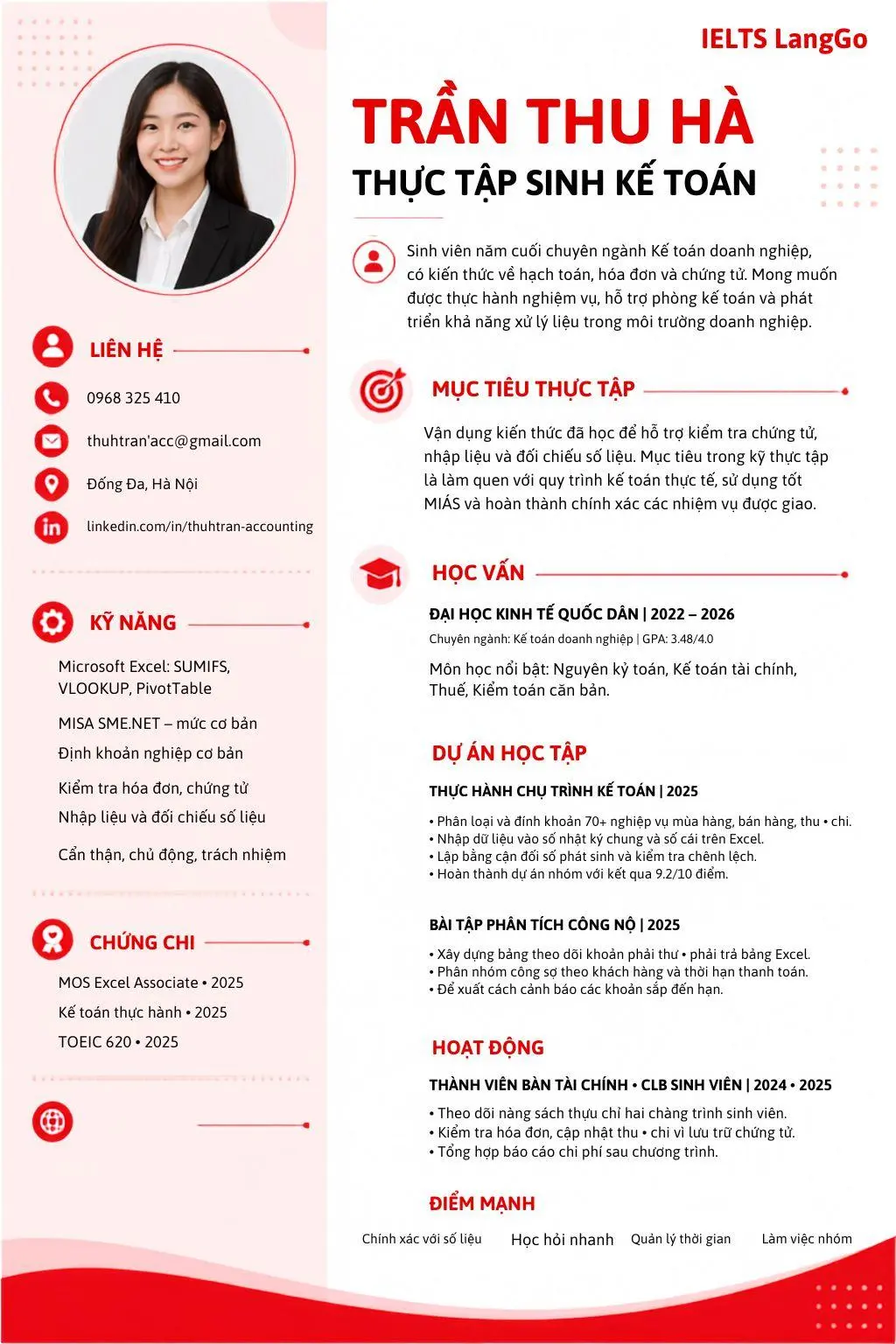 Mẫu CV thực tập sinh kế toán