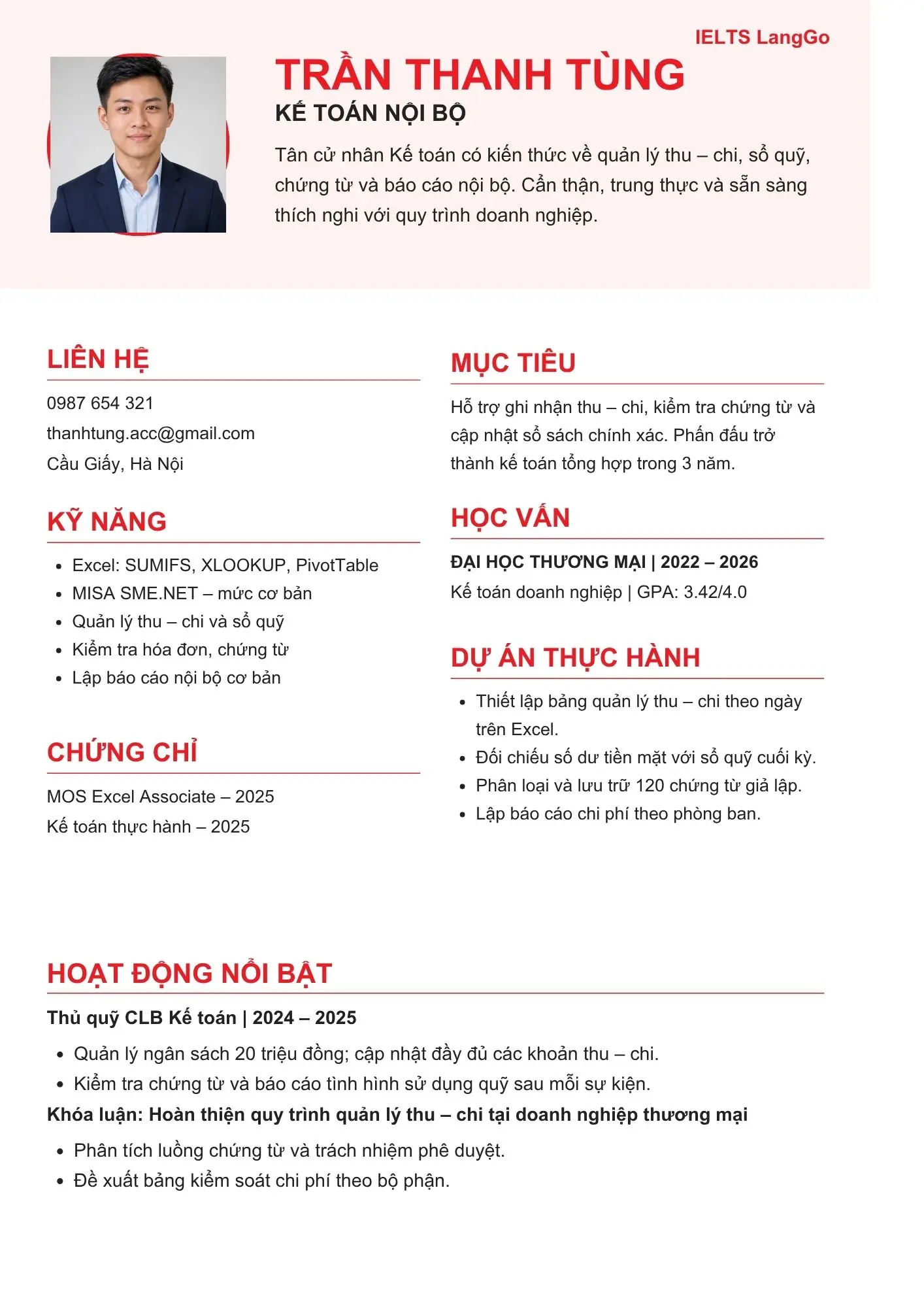 Mẫu CV kế toán nội bộ mới ra trường