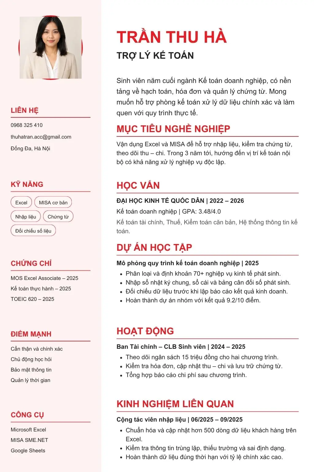 Mẫu CV trợ lý kế toán