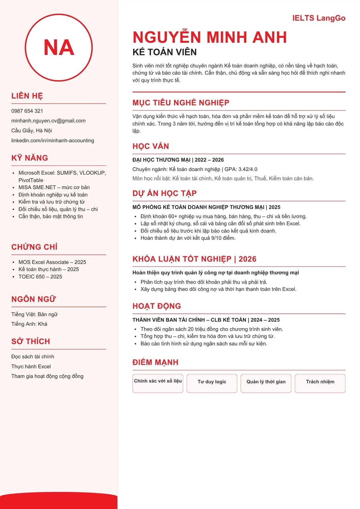 Mẫu CV kế toán mới ra trường chưa có kinh nghiệm