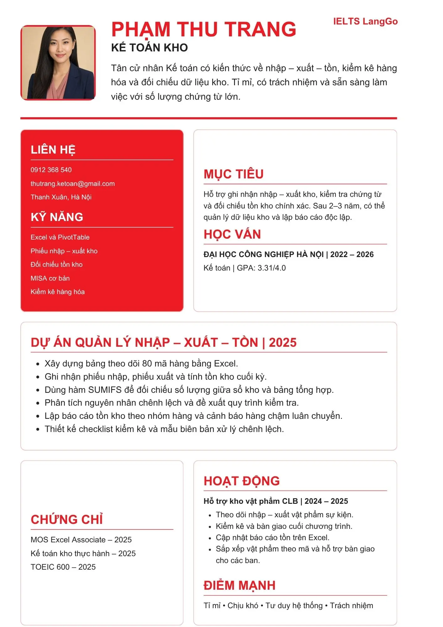 Mẫu CV kế toán kho mới ra trường