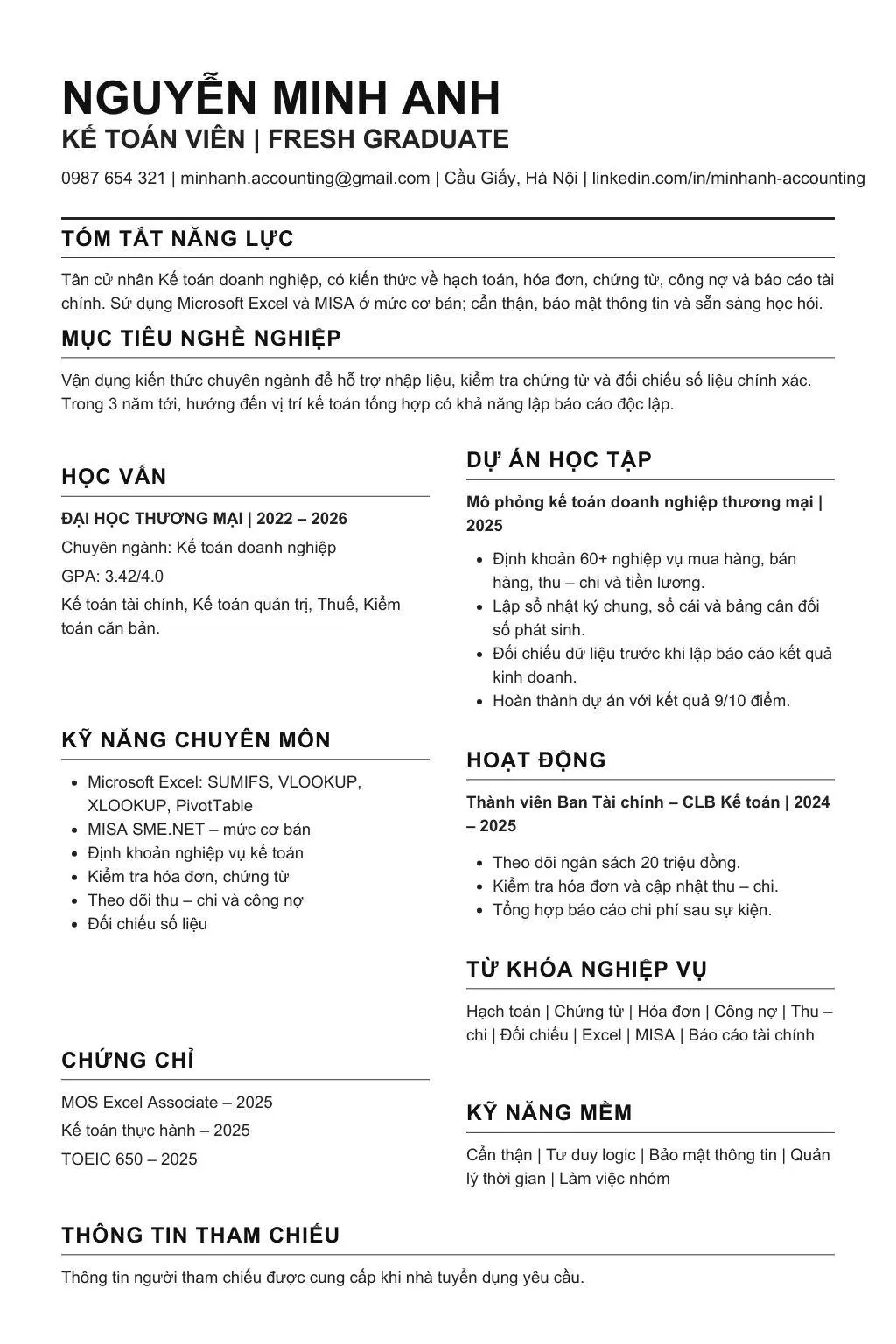 Mẫu CV kế toán mới ra trường chuẩn ATS