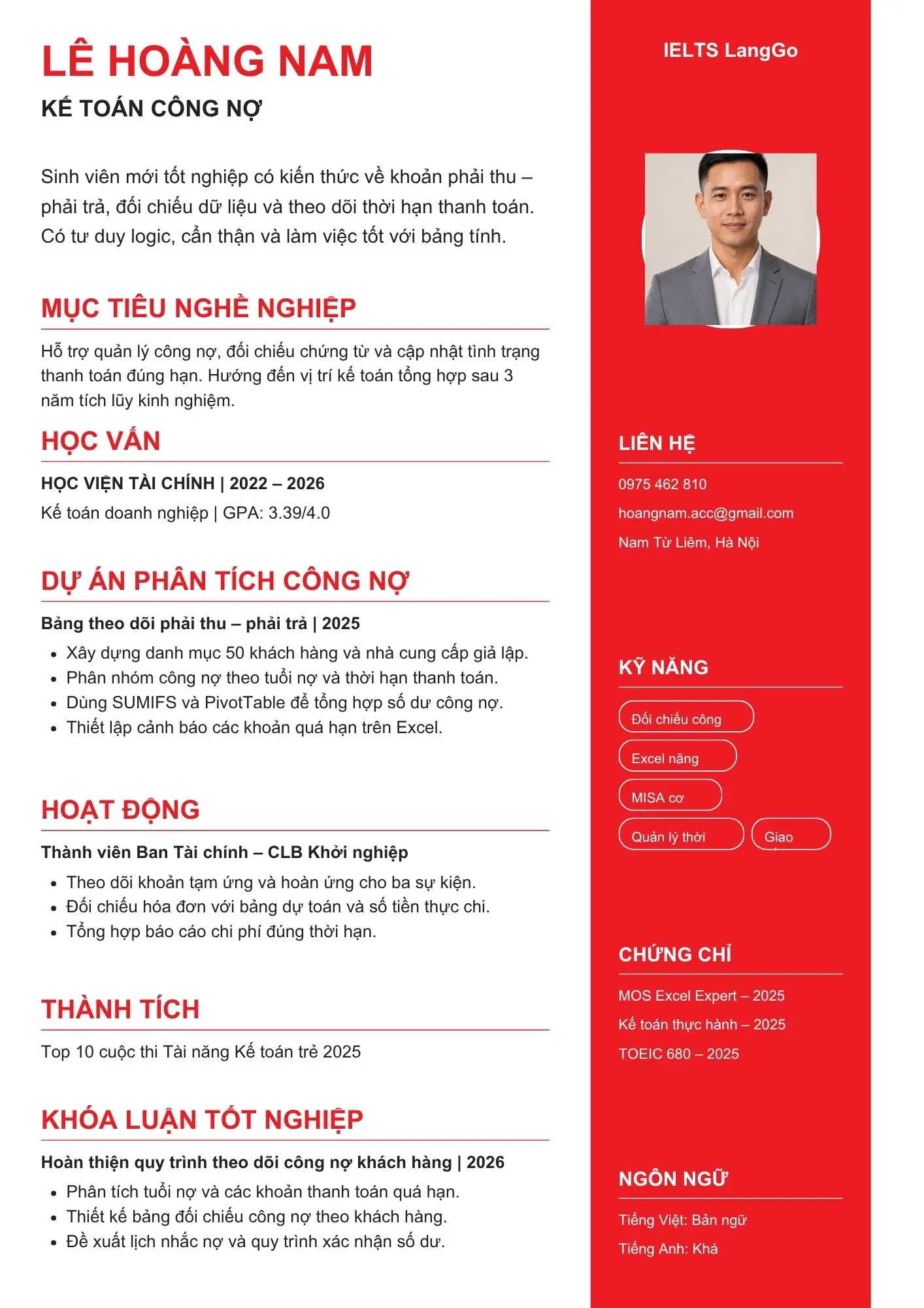 Mẫu CV kế toán công nợ mới ra trường
