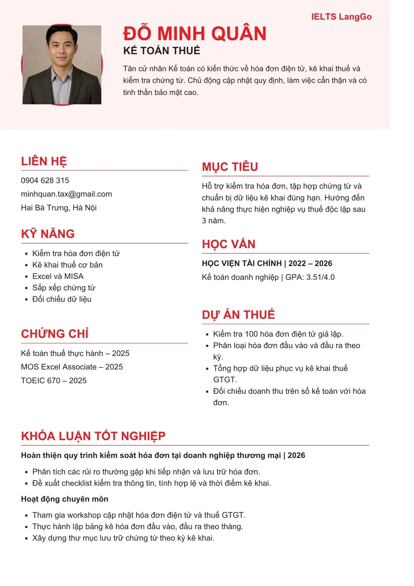 Mẫu CV kế toán thuế mới ra trường