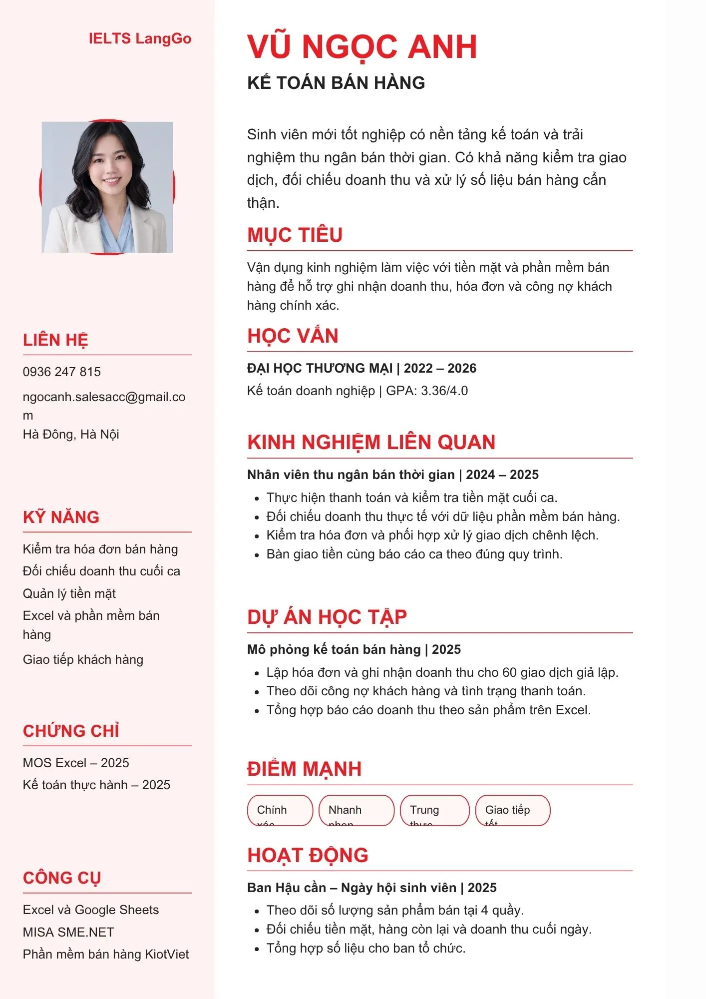 Mẫu CV kế toán bán hàng mới ra trường