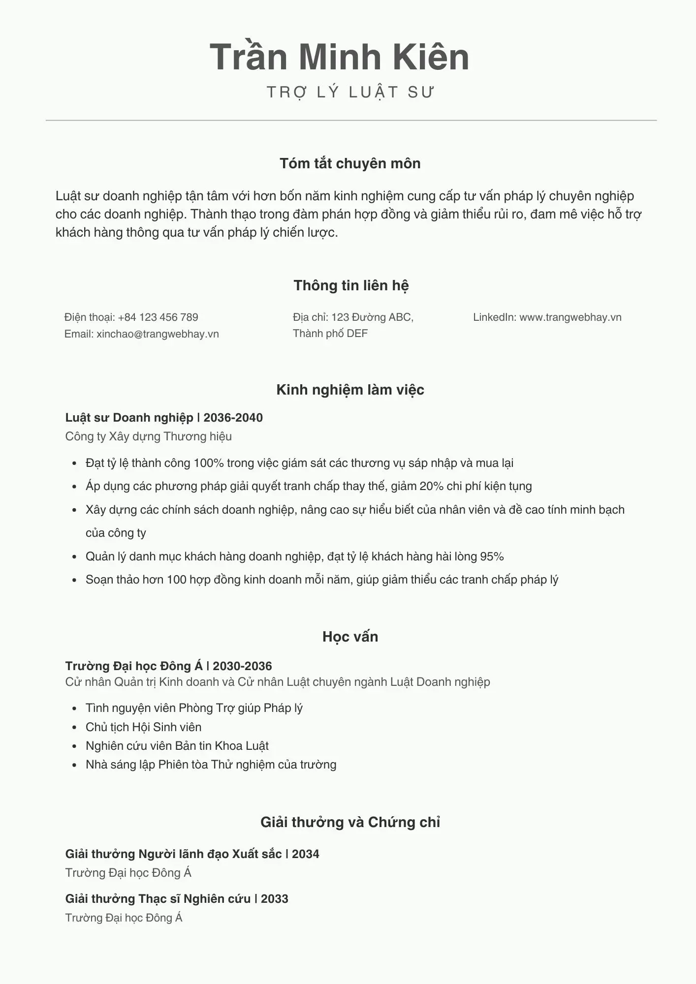 Mẫu CV trợ lý luật sư